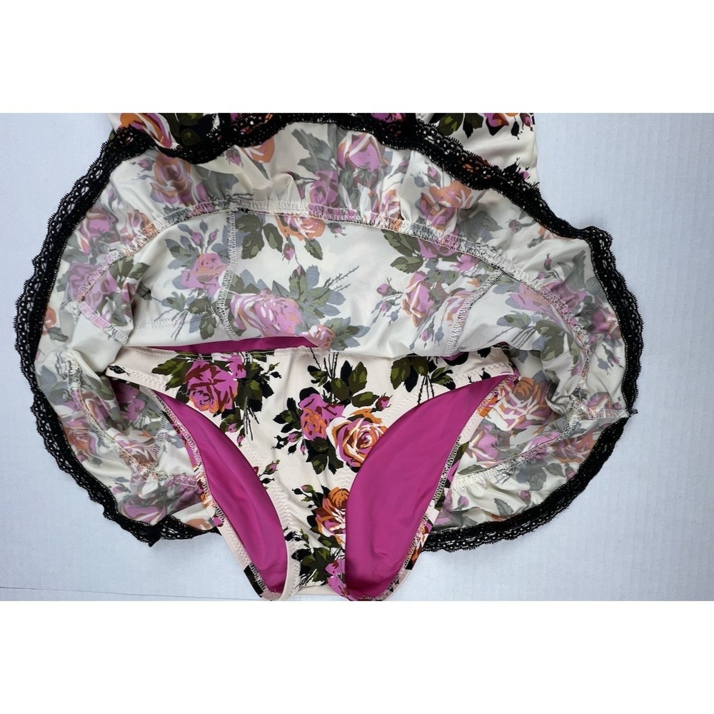BETSEY JOHNSON One-Piece Skirted Corset Floral Cream Pink Black Lace Bows Small - Picture 6 of 12